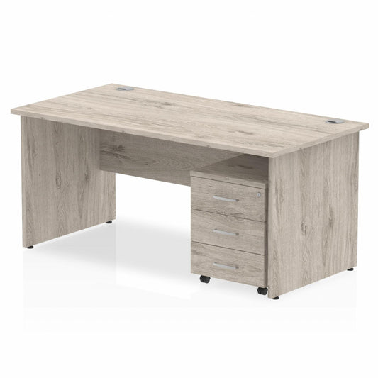 Impulse 1600x800mm Straight Desk, Grey Oak Top with Wooden Panel Legs inc 3 Drawer Mobile Pedestal