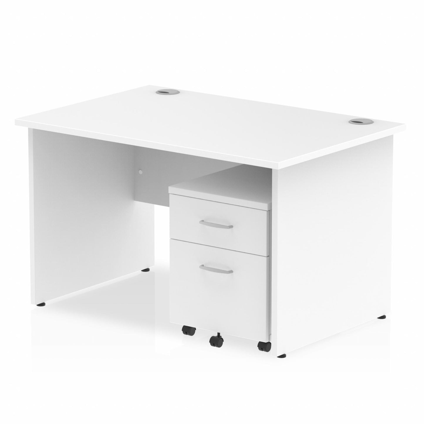 White straight desk with drawers on a white background