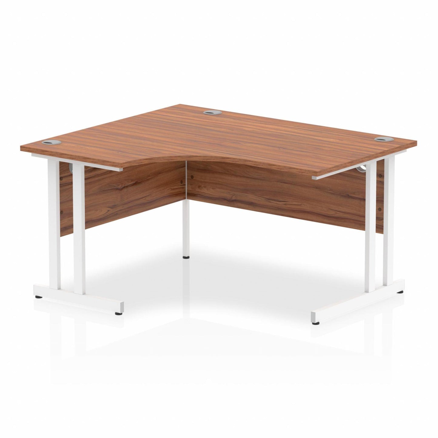 Walnut L-shaped desk with drawers on a white background