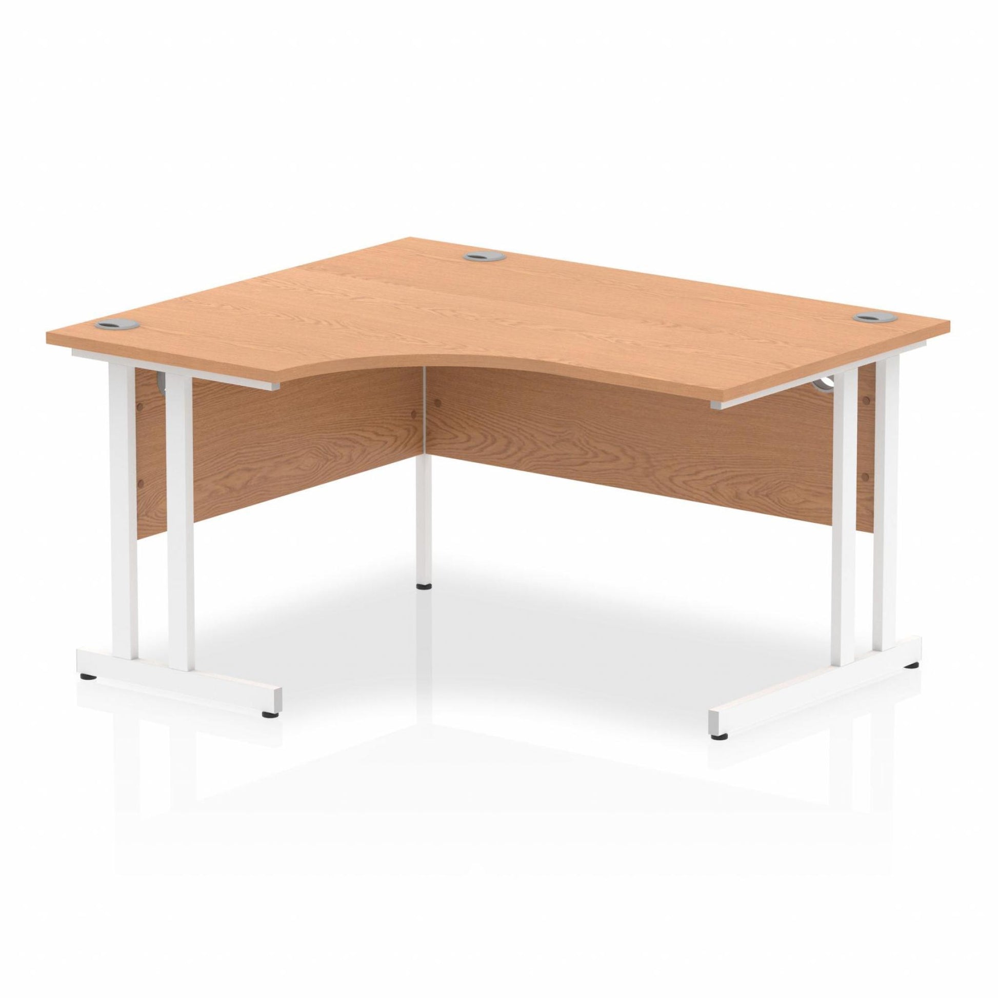Oak L-shaped desk with drawers on a white background