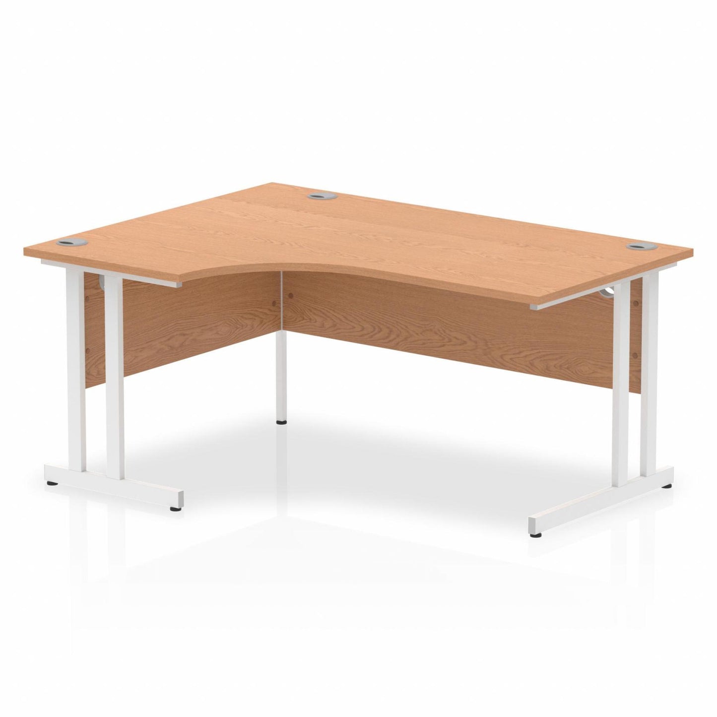 Oak L-shaped desk with drawers on a white background