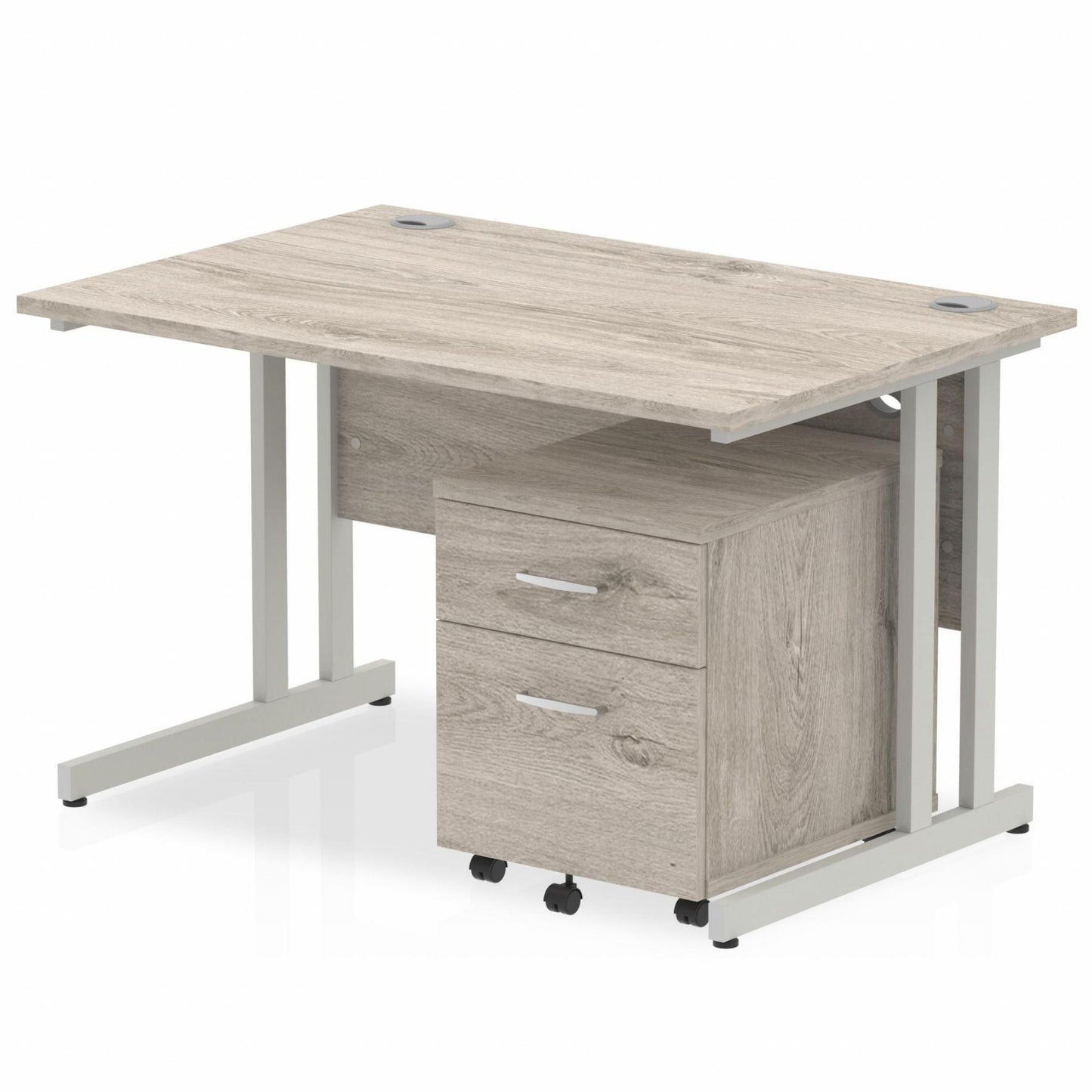 Grey oak straight desk with drawers on a white background