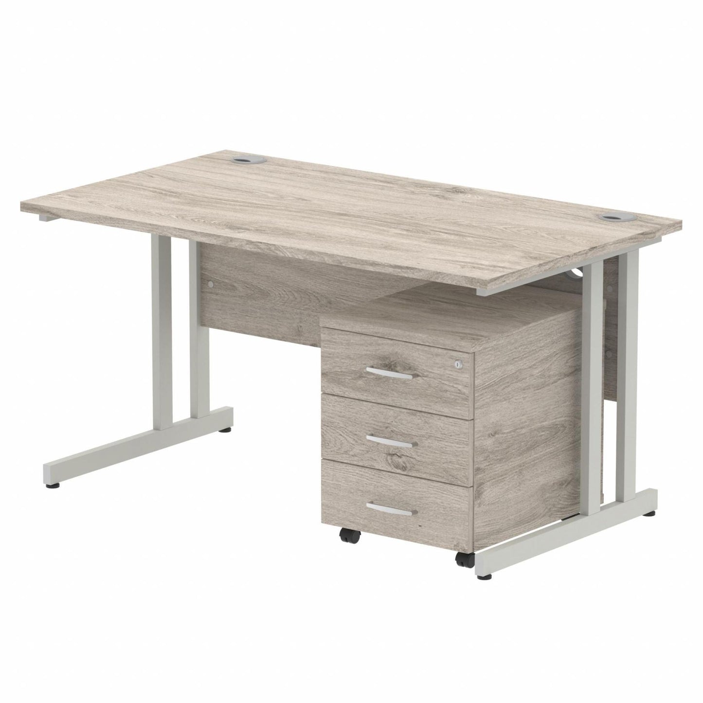 Grey oak straight desk with drawers on a white background