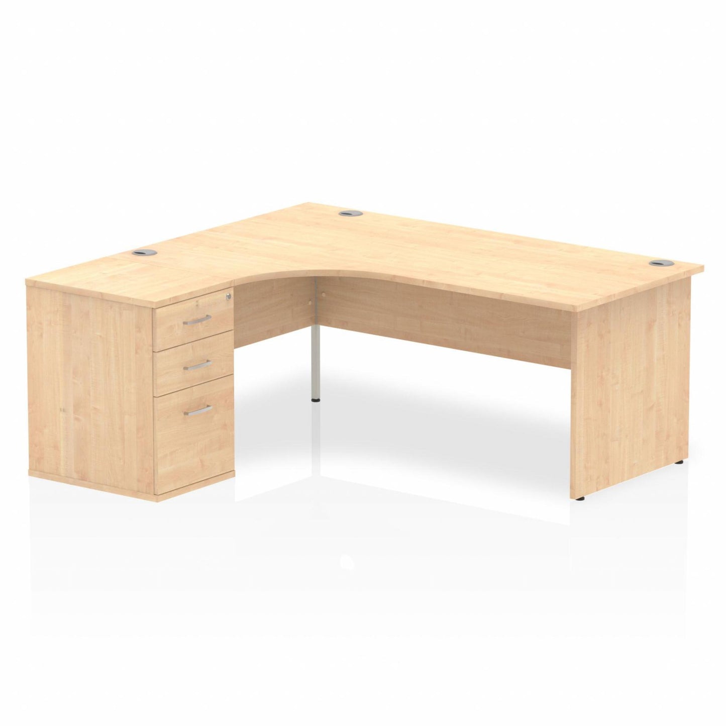Maple L-shaped desk with drawers on a white background