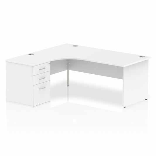 Impulse 1800mm Left Hand Curved Desk White, Wooden Panel Legs inc 3 Drawer Desk High Pedestal Ref I000590 OE