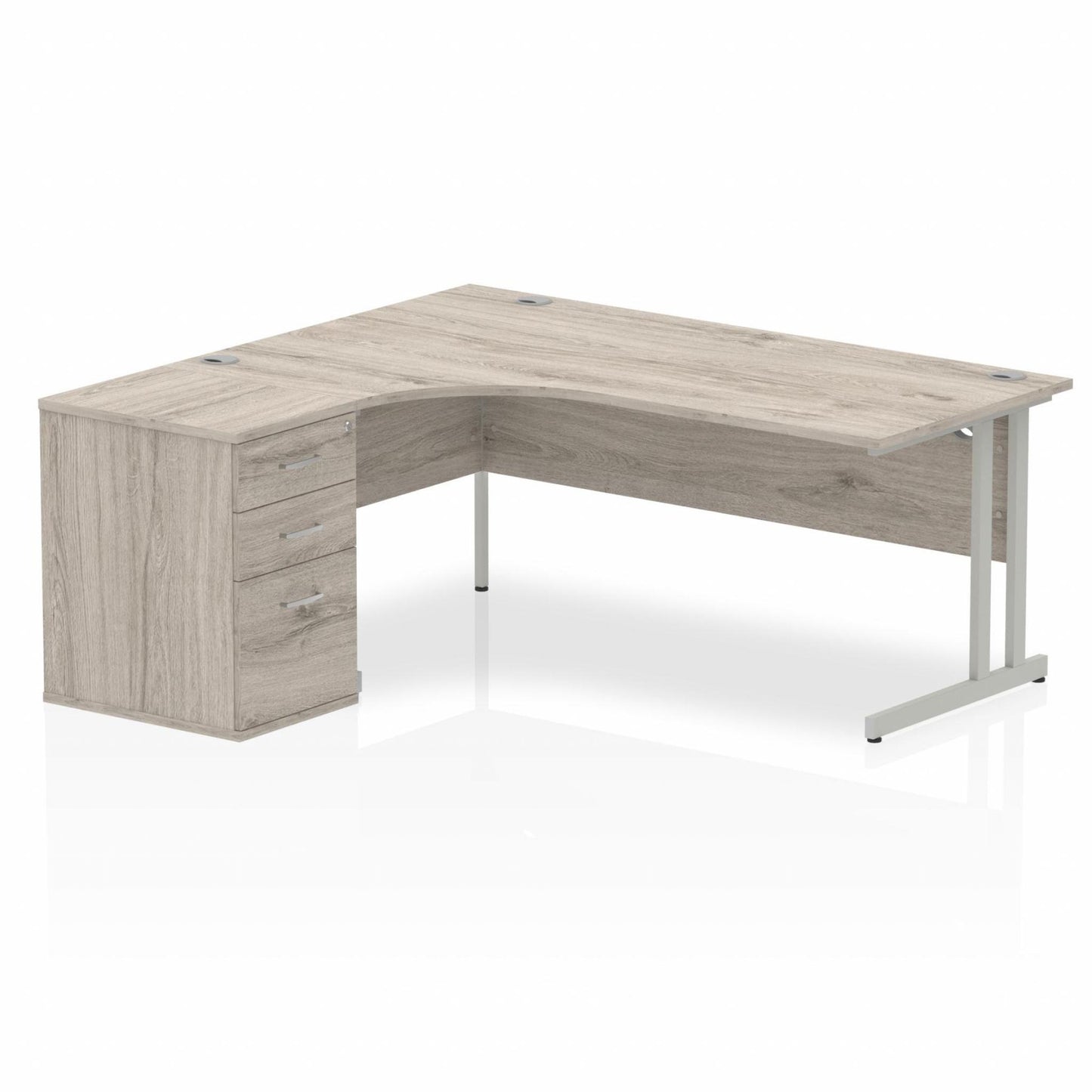 Grey oak L-shaped desk with drawers on a white background