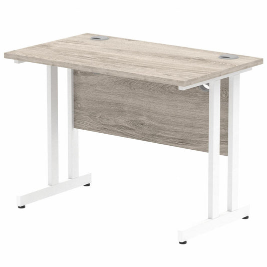 Impulse 1000x600mm Straight Desk, Grey Oak Top with White Cantilever Legs