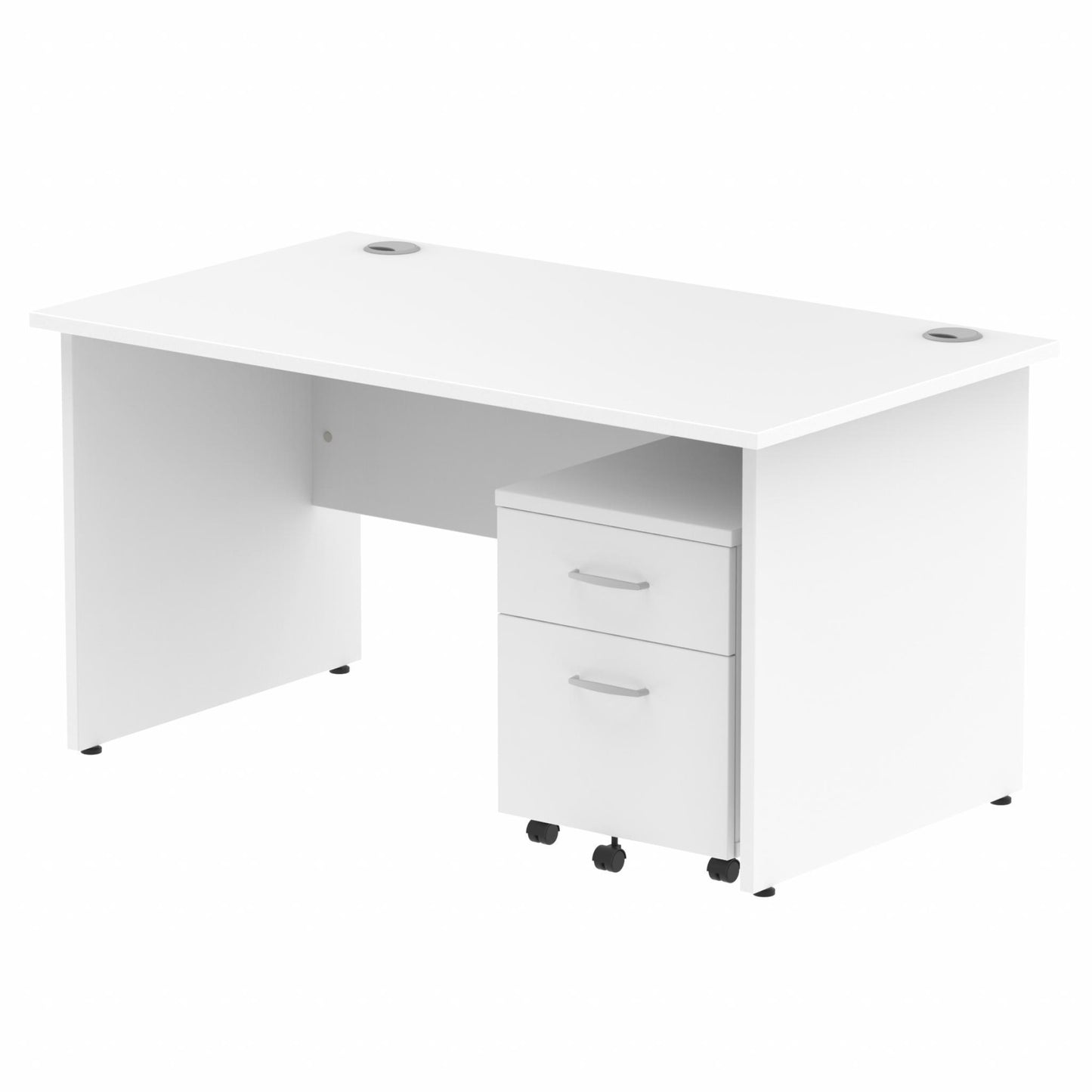White straight desk with drawers on a white background