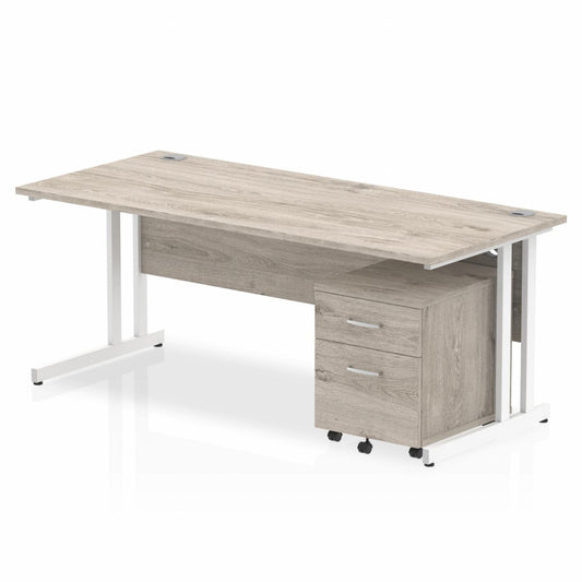 Impulse 1800mm Straight Desk Grey Oak Top White Cantilever Legs & 2 Drawer Pedestal