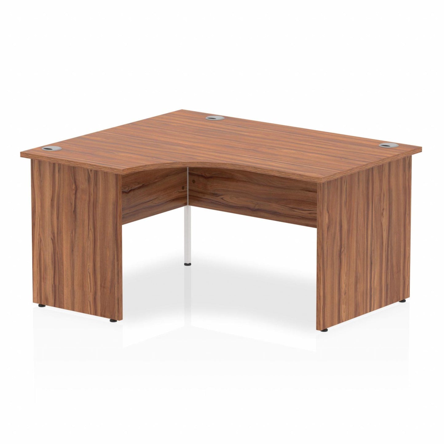 Walnut L-shaped desk with drawers on a white background