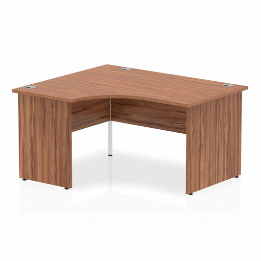 Impulse 1400mm Left Hand Curved Desk, Walnut Top with Wooden Panel Legs