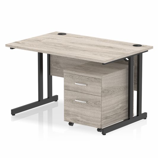 1200mm Straight Desk Grey Oak Top Black Cantilever Legs & 2 Drawer Ped D.F.