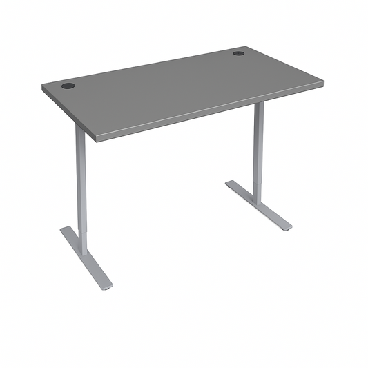 Gray office desk with white metal legs on a white background